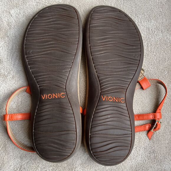 Vionic Rest Miami Orange Leather T-Strap Sandals Women 8 Gold Accents Strappy - Picture 12 of 14